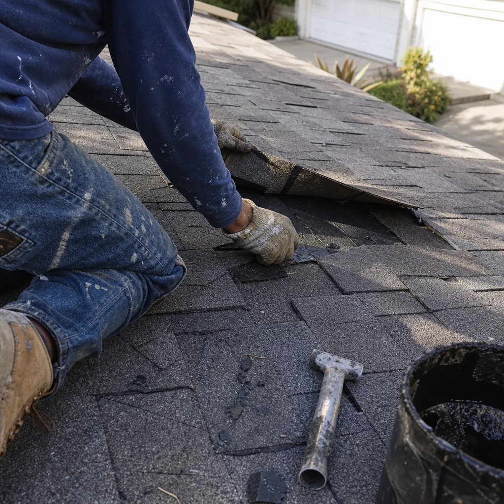 Roofing professional performing asphalt shingle roof repair