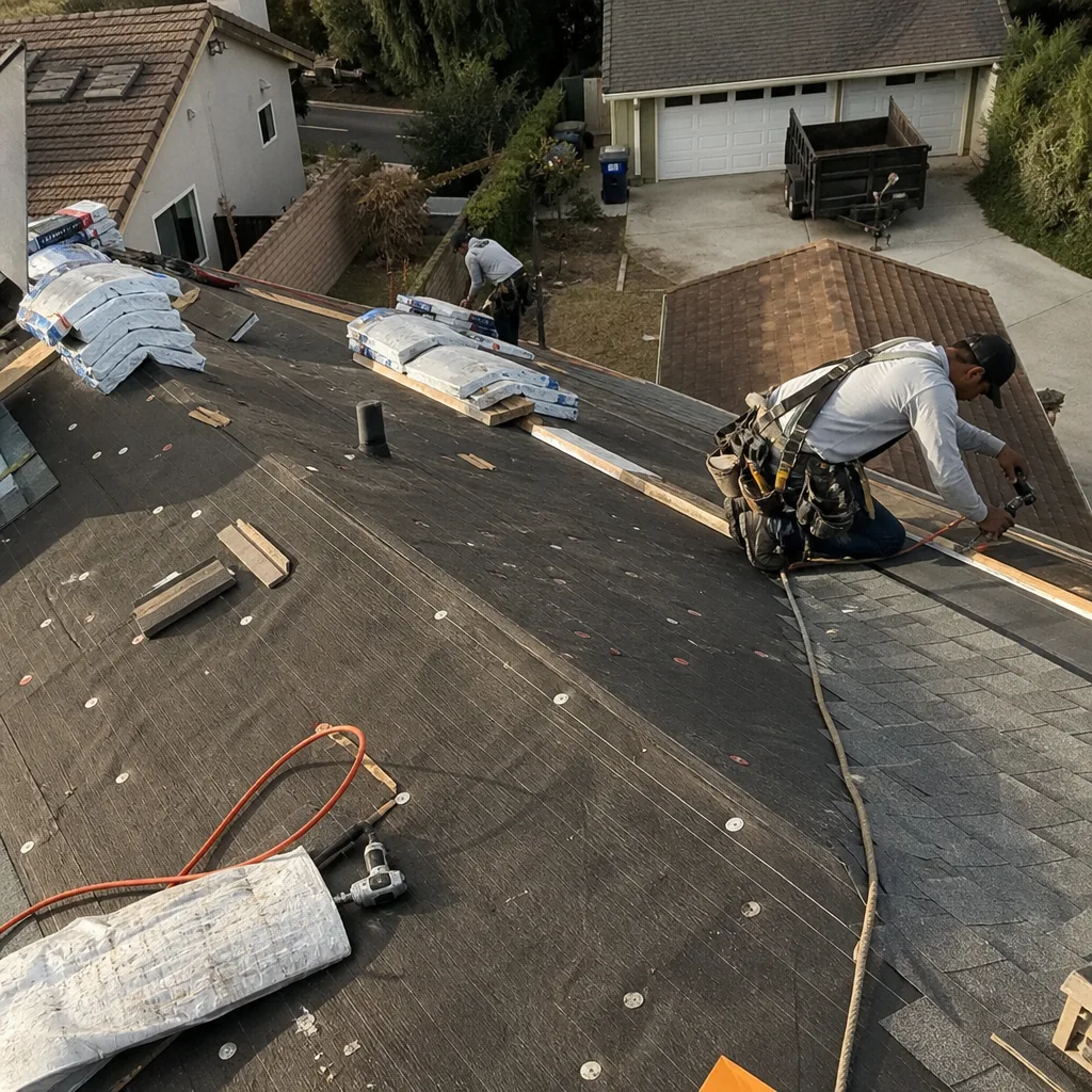 Roofers installing new shingles during a professional roof replacement project