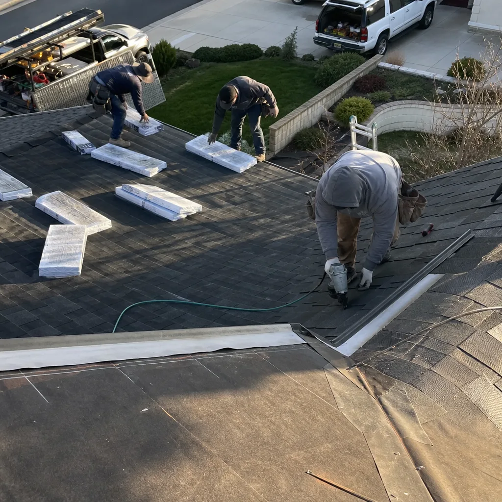 Professional roofing team performing a residential roof replacement