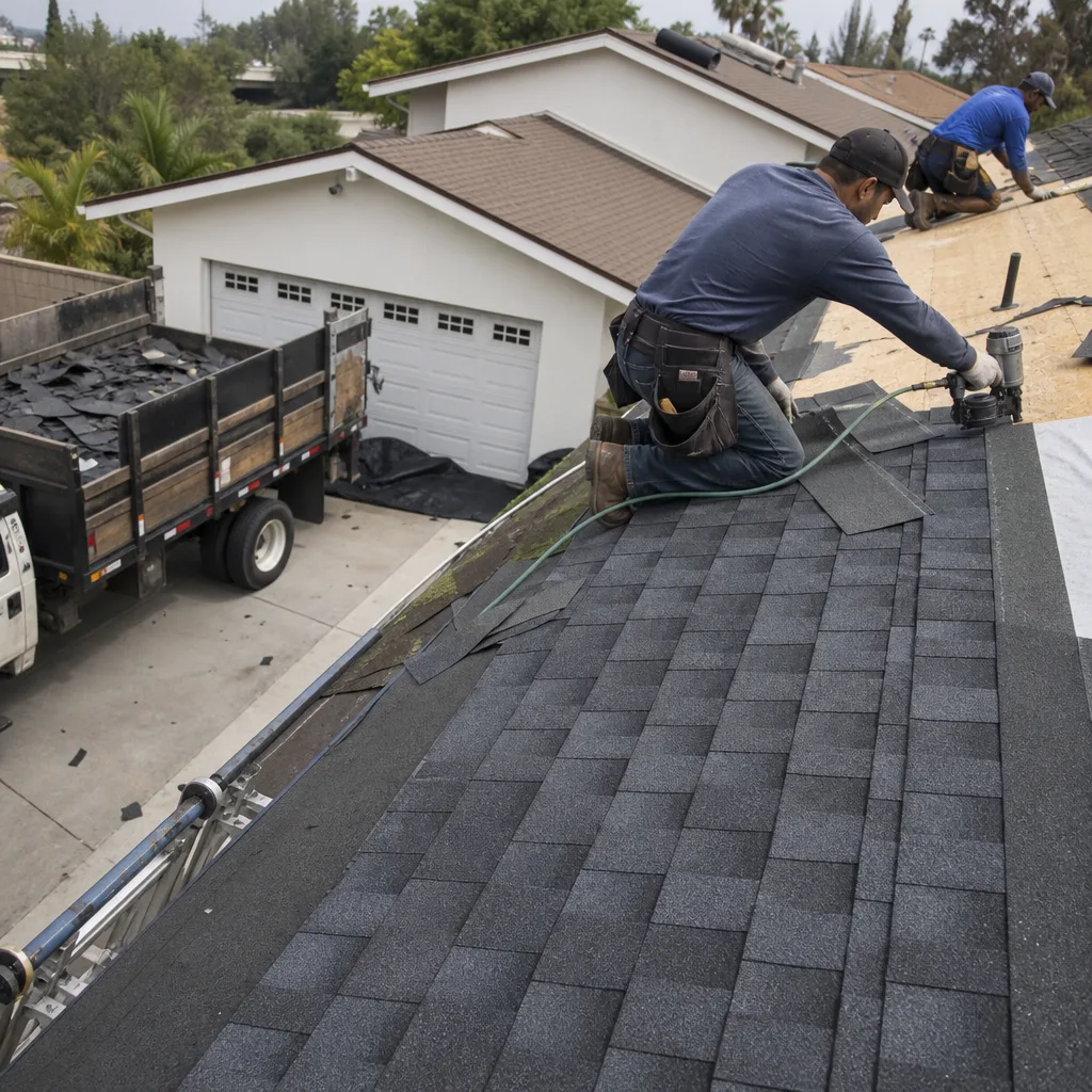 Roofers installing asphalt shingles on a residential roof replacement project